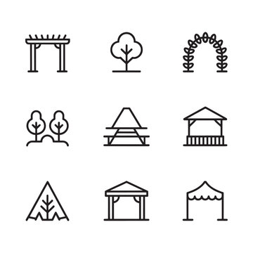 Minimalist line art icons depicting various architectural structures and trees