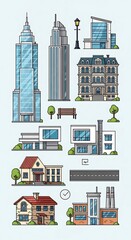 Obraz premium Diverse architectural structures and buildings in an urban setting.