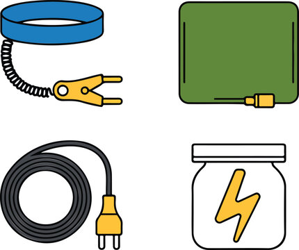 Antistatic wrist strap grounding cable power plug and ESD safe bag vector icons for electronics repair service