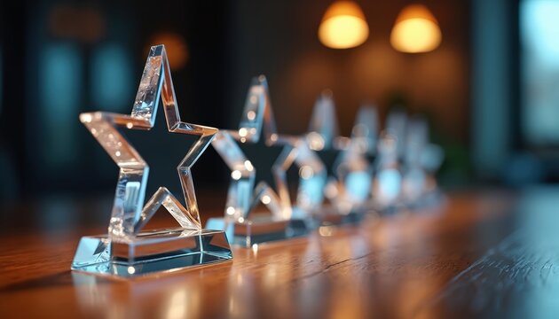 Clear star trophies stand in a row on a polished wooden surface. Soft lights create a warm, celebratory mood. Awards signify achievement and recognition.