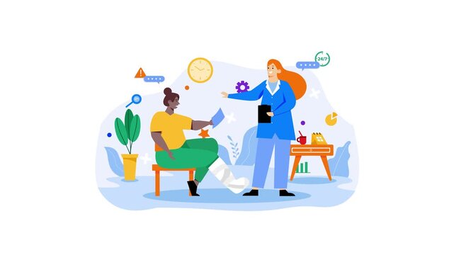 Healthcare worker helping injured patient in clinic flat style animation