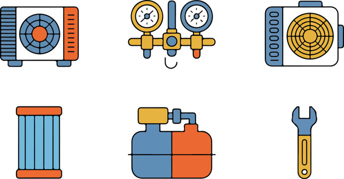 HVAC air conditioning repair icons set featuring outdoor unit manifold gauge compressor filter and wrench for maintenance service