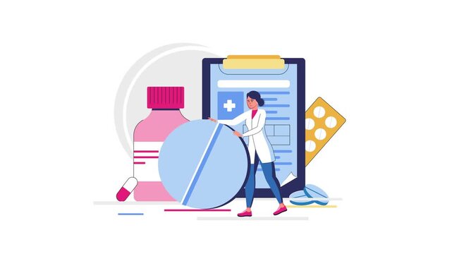 Animated pharmacist with prescription pills, bottle and clipboard illustration