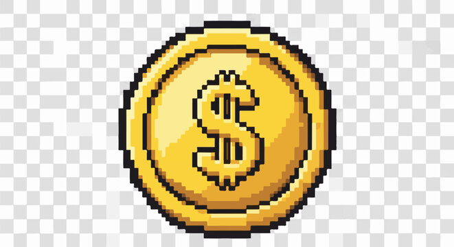 Pixelated gold coin with a dollar symbol in a retro, 8-bit video game style