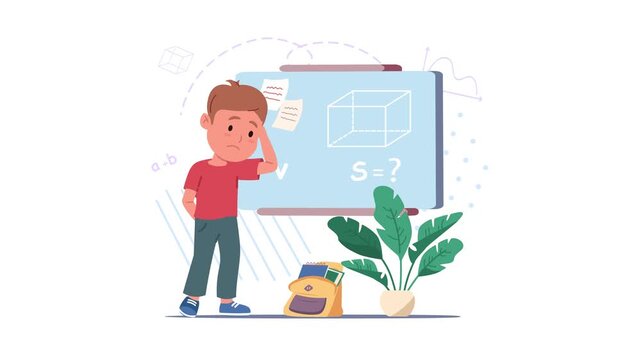 Cartoon schoolboy struggling with geometry problem in math class animation