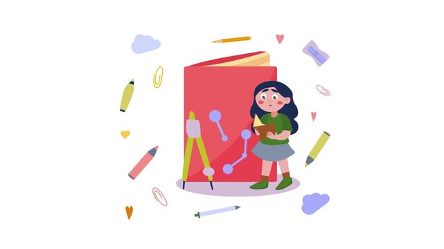 Animated schoolgirl with maths book and pencils in colorful classroom