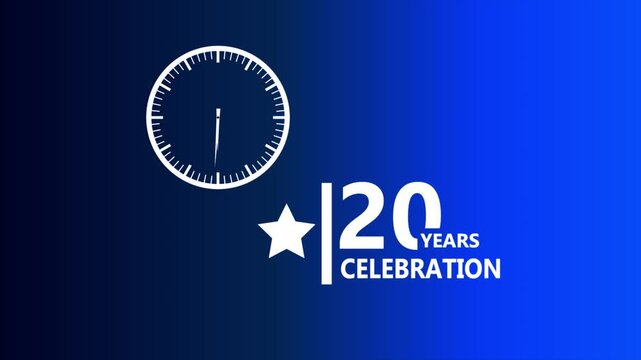 20 years celebration blue gradient badge with clock icon and star symbol highlighting corporate milestone achievement clean modern professional branding design 4k visuals
