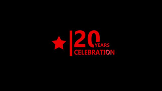 20 years celebration bold red glowing typography with star icon on dark background emphasizing corporate milestone success modern visual branding concept 4K black background visuals