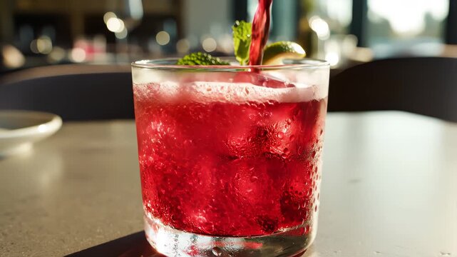 fresh red drink pouring into a cocktail glass with ice cubes on a gray sunny restaurant tabletop, slow motion, zoom in