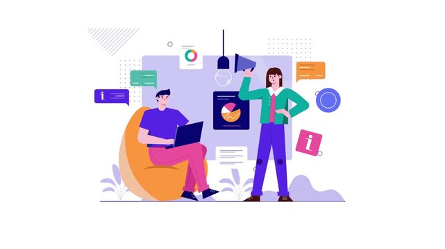 Business team presenting digital analytics with laptop in flat animation