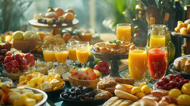 Abundant New Year's Day Brunch Spread with Vibrant Orange Juice and Assorted Pastries