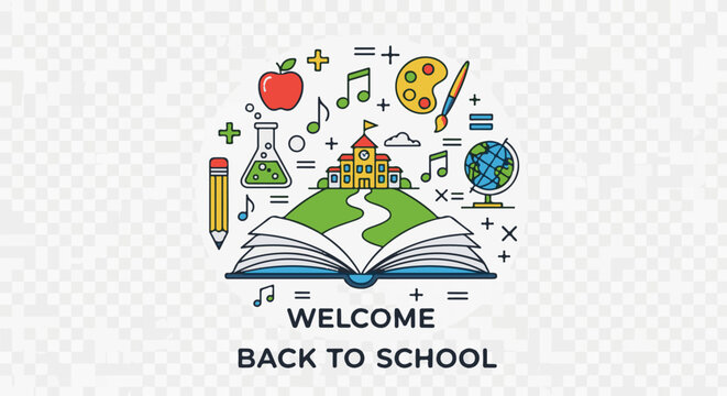 Open book with school, globe, and art supplies, welcome back to school text