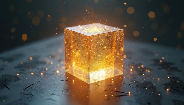 Luminous golden cube rests on dark surface. Tiny bright particles float around it. Geometric shape glows with internal light. Abstract digital concept background.