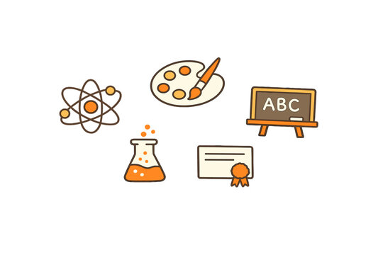 Learning about science, art, and education in a simple design featuring various symbols on a white background