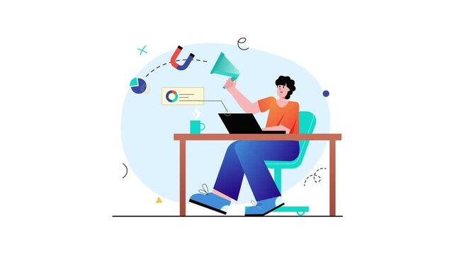 Flat vector animation of woman managing online marketing from home office