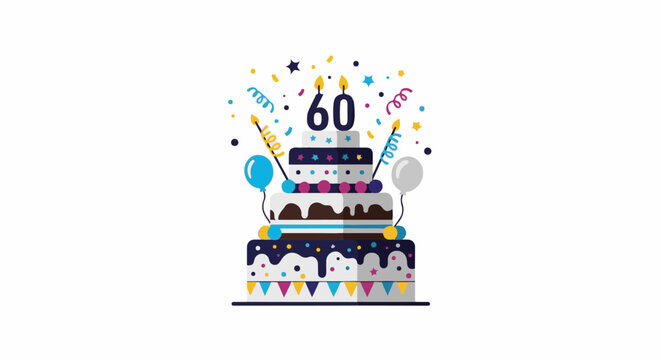 Multi-tiered celebratory cake with candles, balloons, and confetti
