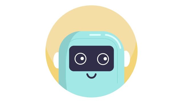 Cute smiling robot avatar in flat cartoon animation on yellow circle background