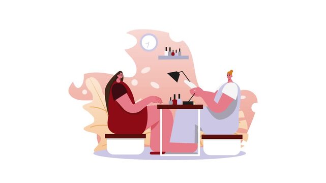 Animated manicure salon scene with two women and nail polish table
