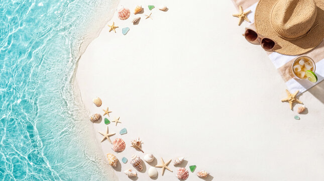 Top view beach turquoise water white sand seashell starfish sunhat sunglasses summer drink relaxing vacation scene