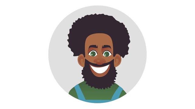 Smiling Black man cartoon avatar with afro hair and beard animation