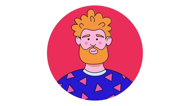 Animated cartoon portrait of bearded man on red circle background