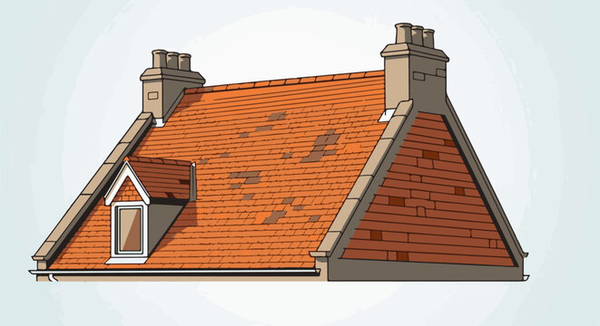 Ornate tiled roof with dormer window and two chimneys on a building
