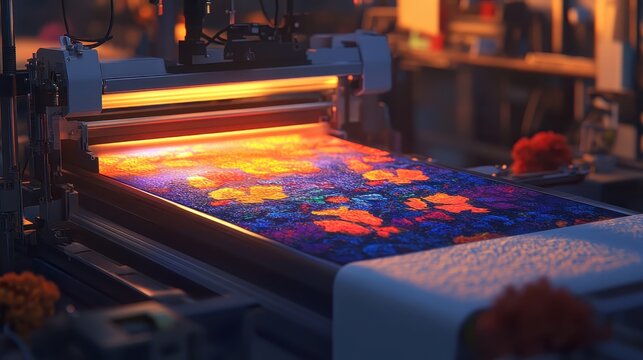 Industrial Printing Technology Creating Vibrant Colorful Fabric Designs with Dynamic Lighting
