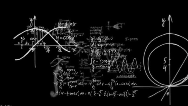 White Mathematical Formulas and Graphs Floating on Black Background - 4K Loop