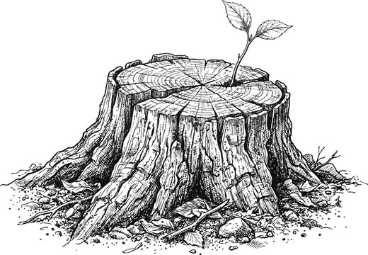 A tree stump with a small plant growing out of it in a natural setting