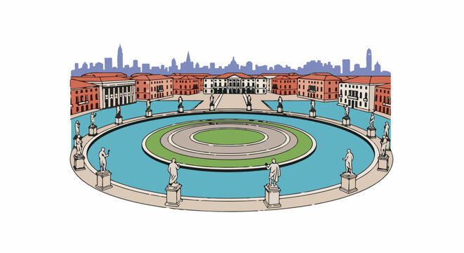 Ornate waterside plaza with classical statues and grand central building