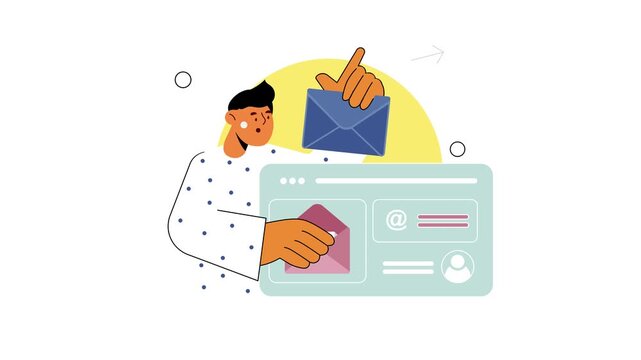 Animated email marketing workflow with man and envelope on digital UI