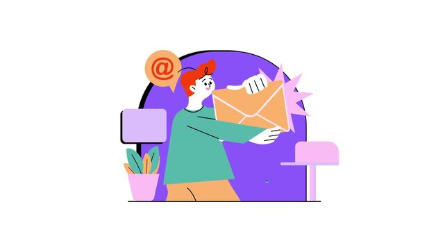 Animated woman receiving email with envelope and mailbox illustration