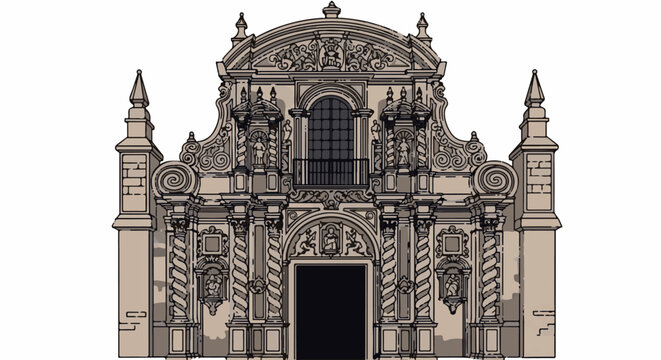 Ornate facade of an ancient building, featuring intricate carvings and a grand archway