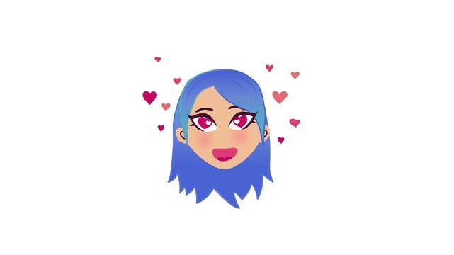 Cute blue-haired anime girl with heart eyes and floating hearts animation