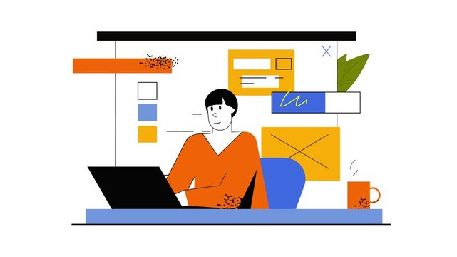 Animated flat vector freelancer working on laptop in modern workspace
