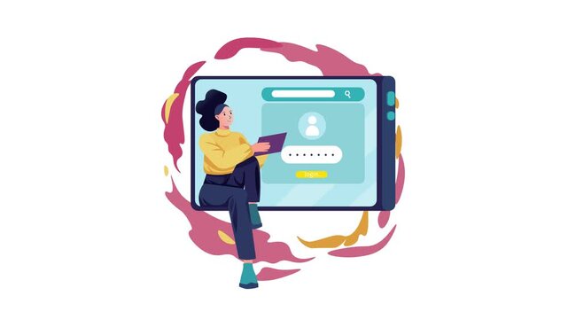 Woman with laptop beside tablet login screen in flat vector animation
