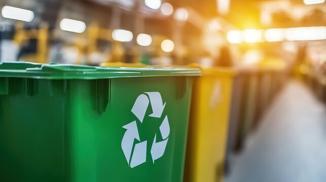 Industrial recycling bins in a modern factory setting, promoting eco friendly waste management solutions.