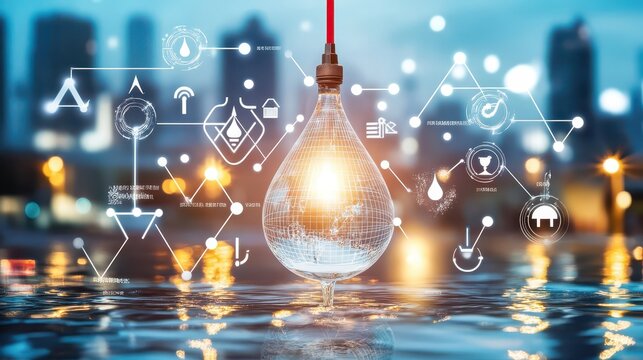 Innovative water conservation technology concept with glowing lightbulb drop in urban setting