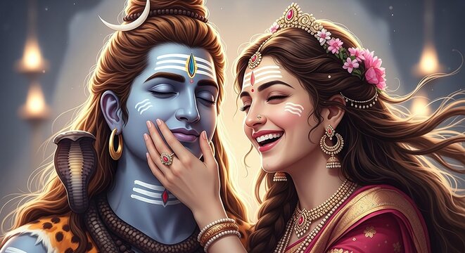 Woman Touching Shivas Face Tenderly in Artwork.