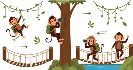 Cute Cartoon Monkey Explorer Character Set Swinging, Climbing, and Walking Across Rope Bridges in Jungle, Forest Adventure, and Wildlife Vector Illustration Collection © Sufea