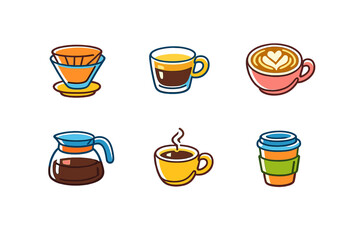 Fototapeta premium Different types of coffee drinks displayed on a white background with colorful designs in various cups and a coffee maker
