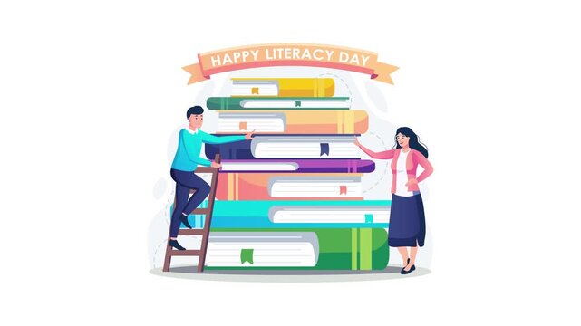 Happy Literacy Day animation with people beside giant stack of books