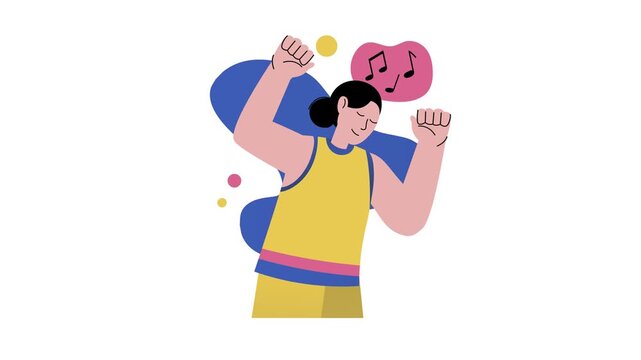 Animated vector illustration of woman dancing to music with raised hands