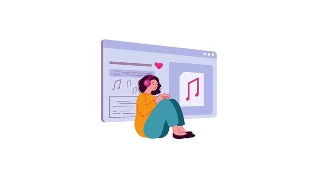 Woman listening to music online with headphones, animated vector illustration