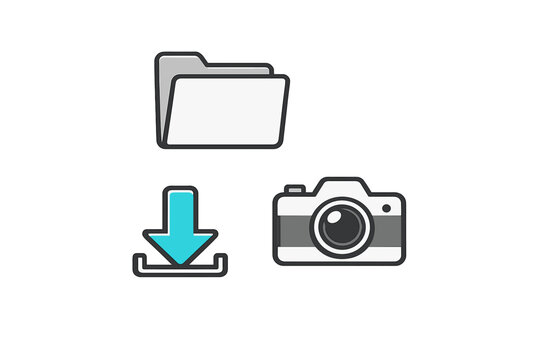 Graphics showing a folder, download symbol, and camera for file management and media storage methods