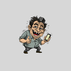 Naklejka premium Funny caricature of a middle-aged man using a smartphone. Joyful male character holding a mobile phone with expressive style. Colorful flat vector illustration for social media and tech concept.