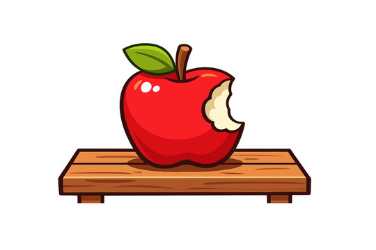 Red apple with a bite taken out on a wooden shelf in a simple design