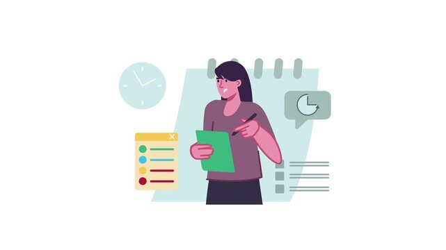 Animated woman holding notebook with schedule and clock planning tasks