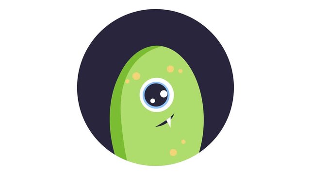 Cute animated one-eyed green monster character in dark round frame