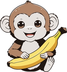 Cute monkey eating banana happily, kawaii sticker style, white background 3 © MdRasal